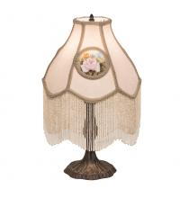 Meyda White 18092 - 20" High Reverse Painted Roses Fabric with Fringe Table Lamp